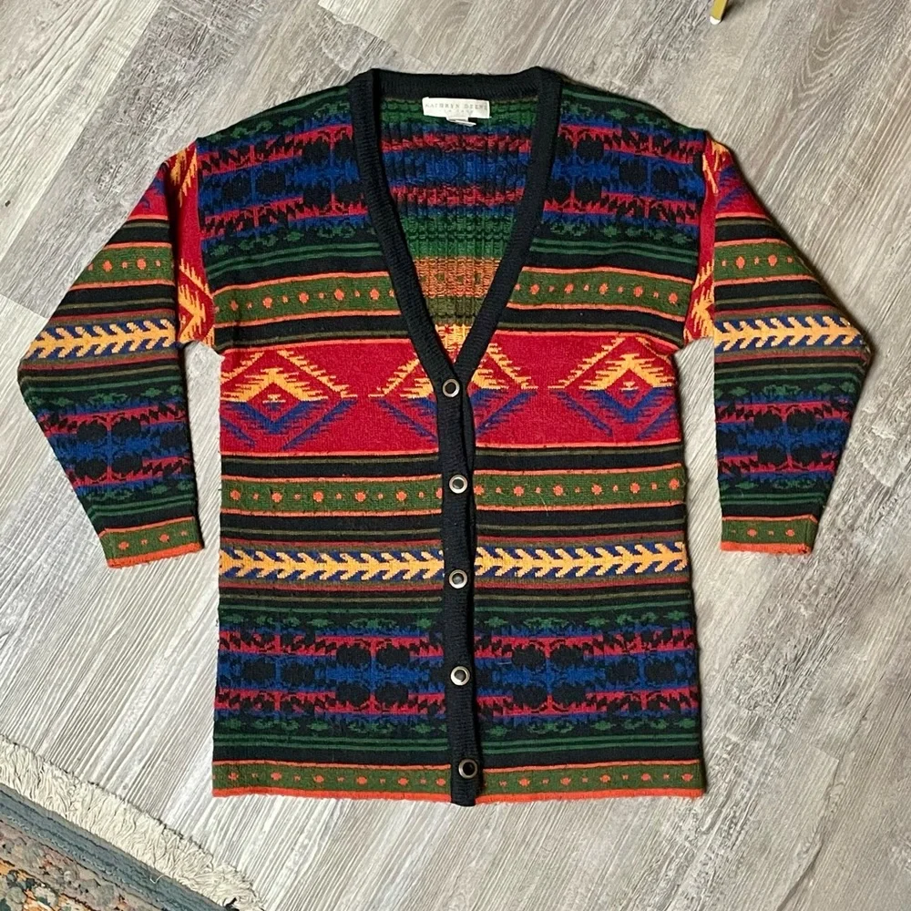 Vintage 1990s Kathryn Deene New York Wool Blend Western Knit Cardigan - Picture 4 of 12